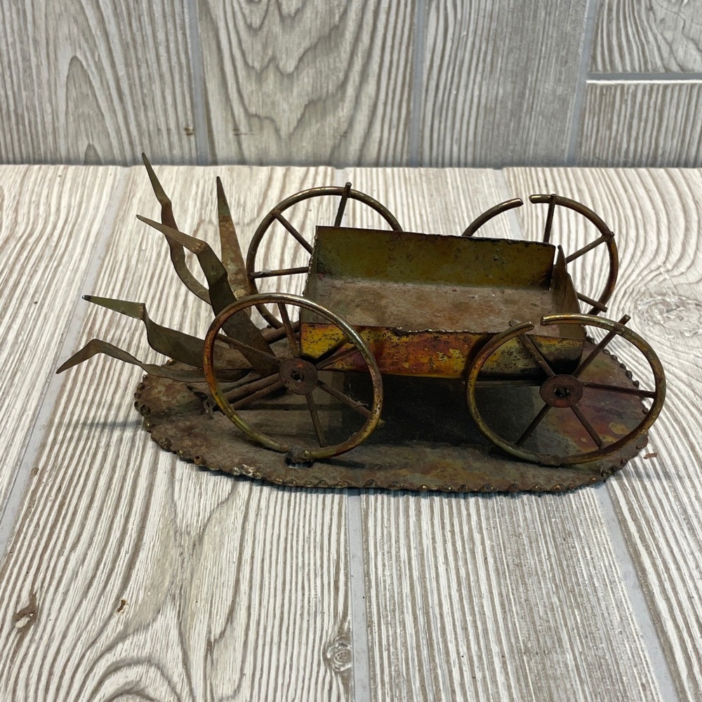 Vintage Brutalist Metal Wagon Figurine Rustic Torch Cut Copper Tone Hong Kong